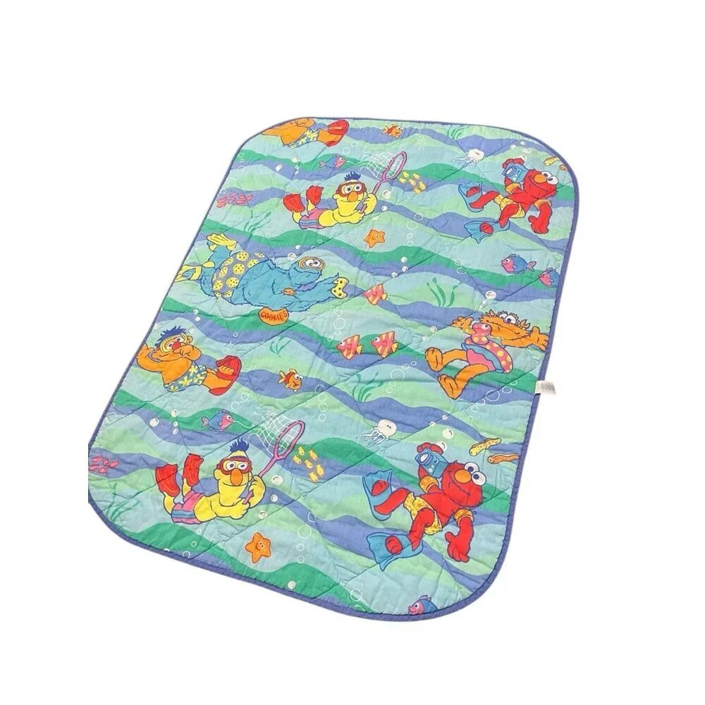 Vintage Sesame Street Quilt Baby Blanket Crib Bedding Elmo Bert Ernie Swimming